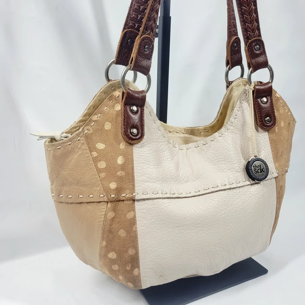 The Sak Vintage Pebbled Leather Hobo Bag Cream And Tan Double Shoulder Straps